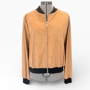 It Girl Womens Tan Faux Suede Microfiber Bomber Jacket Black Trim Size Large